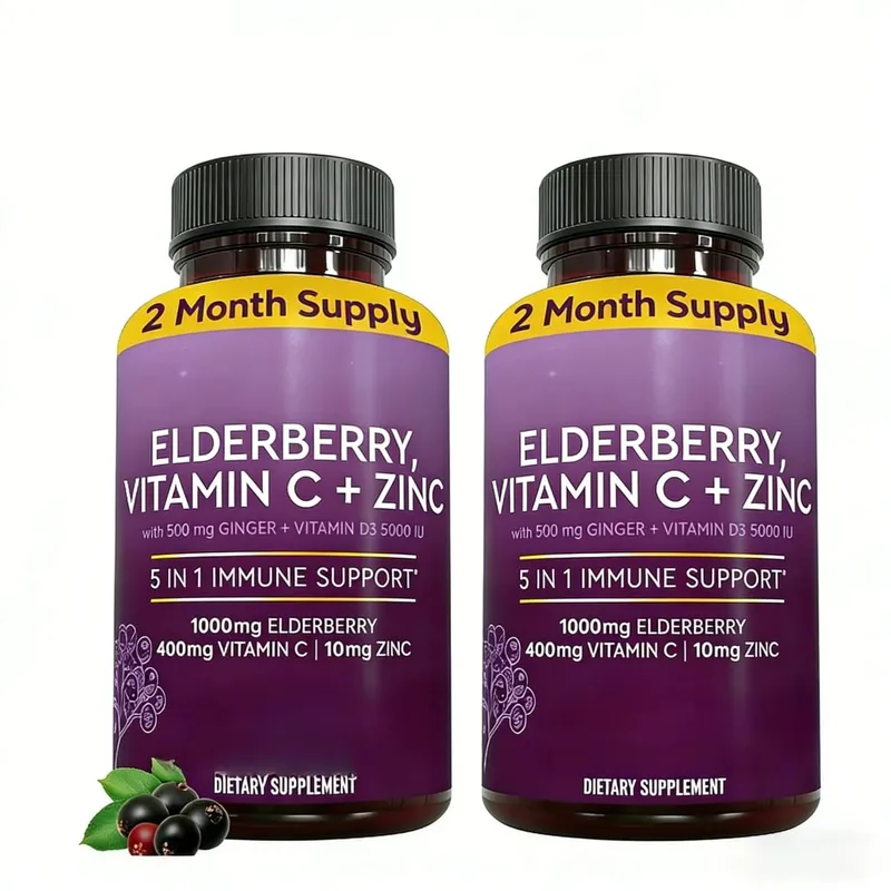Cápsulas de sabugueiro com vitamina C, zinco D3, gengibre, sambucus, mistura de ervas de sabugueiro preto, suporte diário de bem-estar para adultos