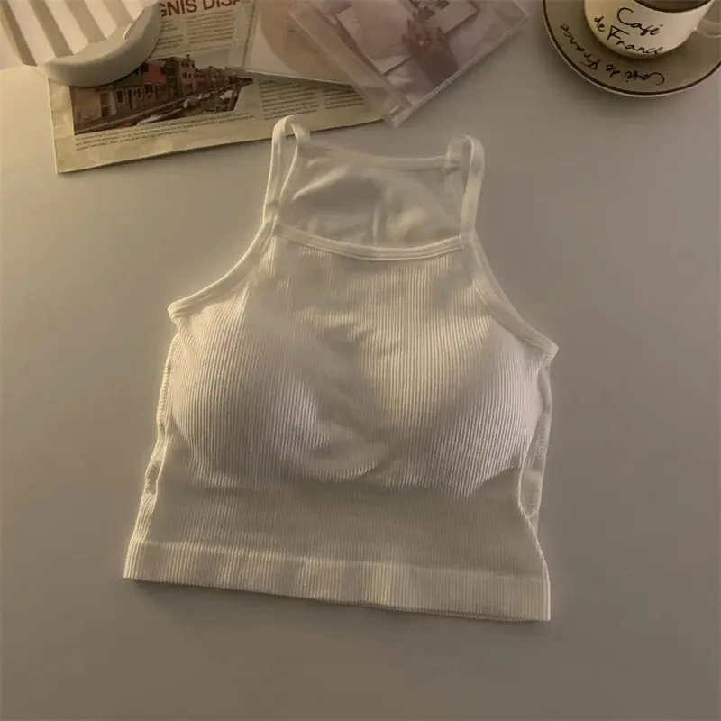Korean Version Women Tank Tops Thread Solid Casual Fashion Crop Top with Chest Pad Stripe Sleeveless Outer Wear Basic Camisole — image 11
