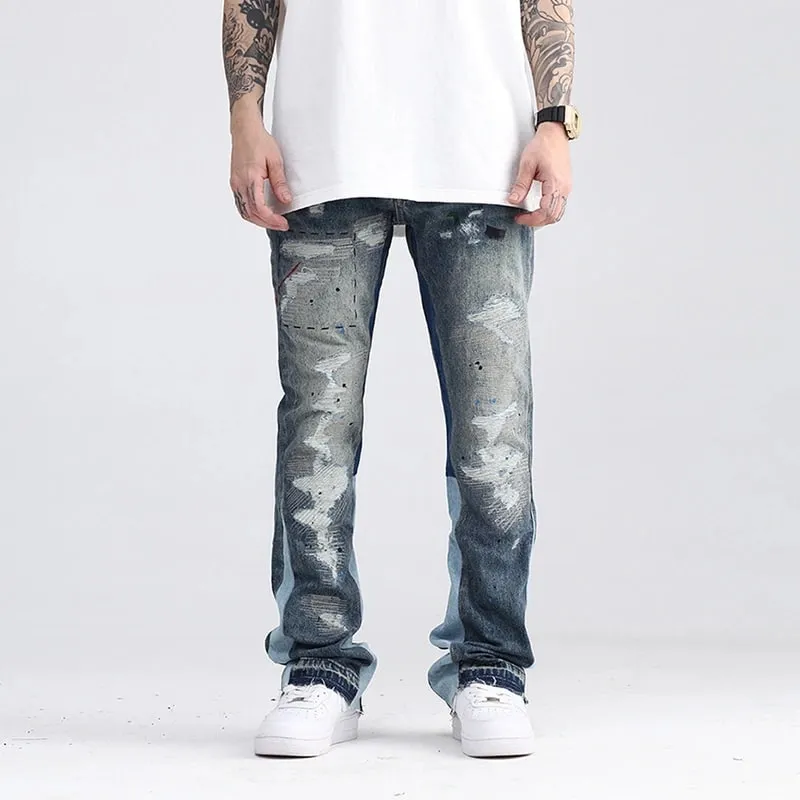 Blue Speckle Ink Washed Flared Jeans Slim Fit Hip Hop Graffiti Ripped Denim Pant Men Streetwear Vintage Wide Leg Jean Pants Y2k — image 10