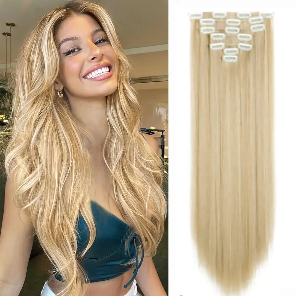 22 Inch Long straight Black Clip in Hair Extensions 130G 7pcs Synthetic Clip in Hair Extensions