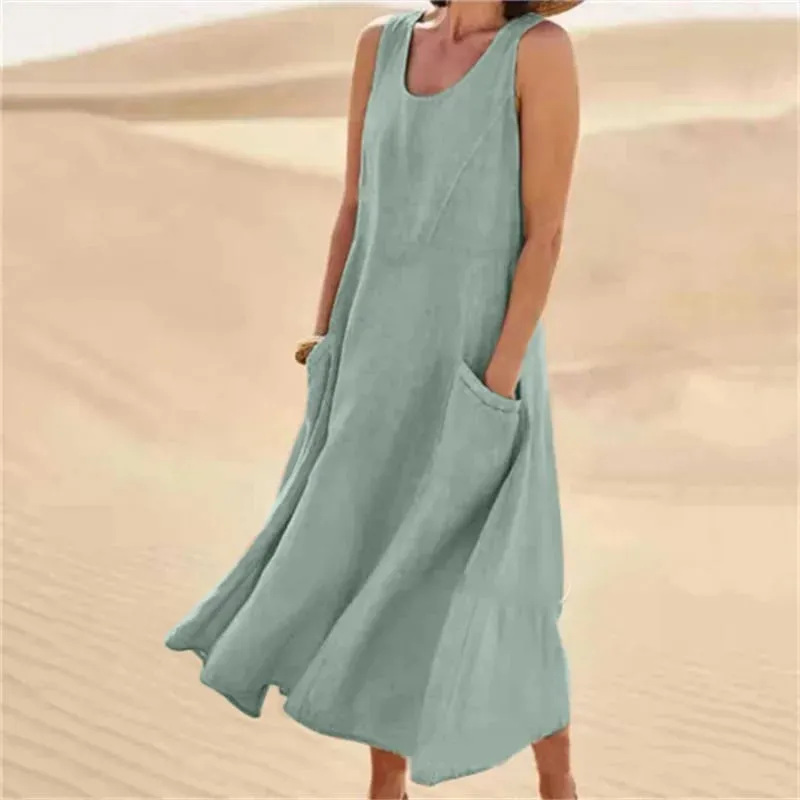 Sleeveless Suspenders Cotton Linen Dress Women Side Double Pocket Splicing Solid Color Dresses Women Summer Casual Commuter Gown — image 9