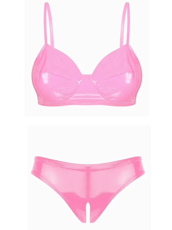 Womens Wet Look Patent Leather Latex Lingerie Set Wireless Bra Top with High Cut Front Zipper Briefs Rave Festival Bikini Set