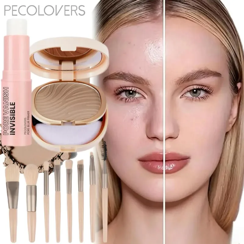 Face Makeup Set-1 Transparent Pore-Closing Stick+1 Oil-Control Loose Powder+8pcs Makeup Brush Tool Summer Waterproof Travel Set — image 2
