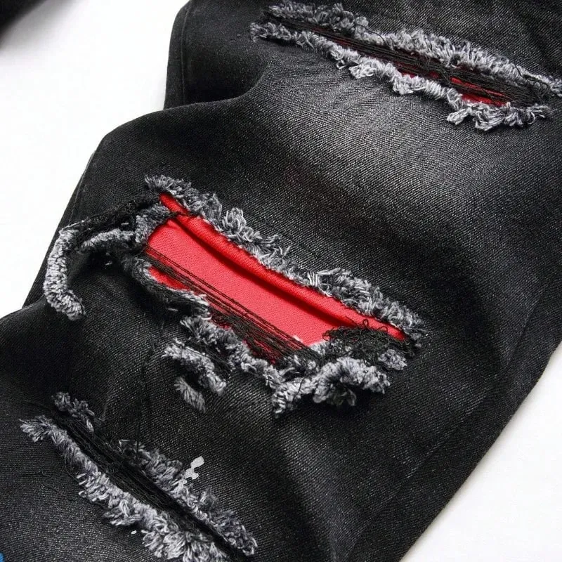 2025 Autumn New Stretch Jeans Fashionable Ripped Patchwork Slim European American Pants Male Paint Dot Hip Hop Denim Trousers — image 7
