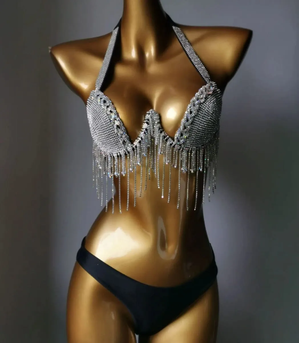 2024 Bikini Set Women Diamante Carnival Bra rhinestone Tassel Night Club Panties Rave Festival Bikini Set Burning Man Outfit — image 5