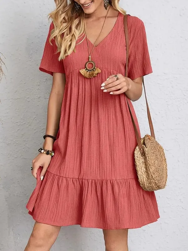 Elegant Solid V Neck A Line Dress 2024 New Summer Ruffles Loose Mini Dress Casual Short Sleeve Beach Party Vestidos Streetwear — image 3
