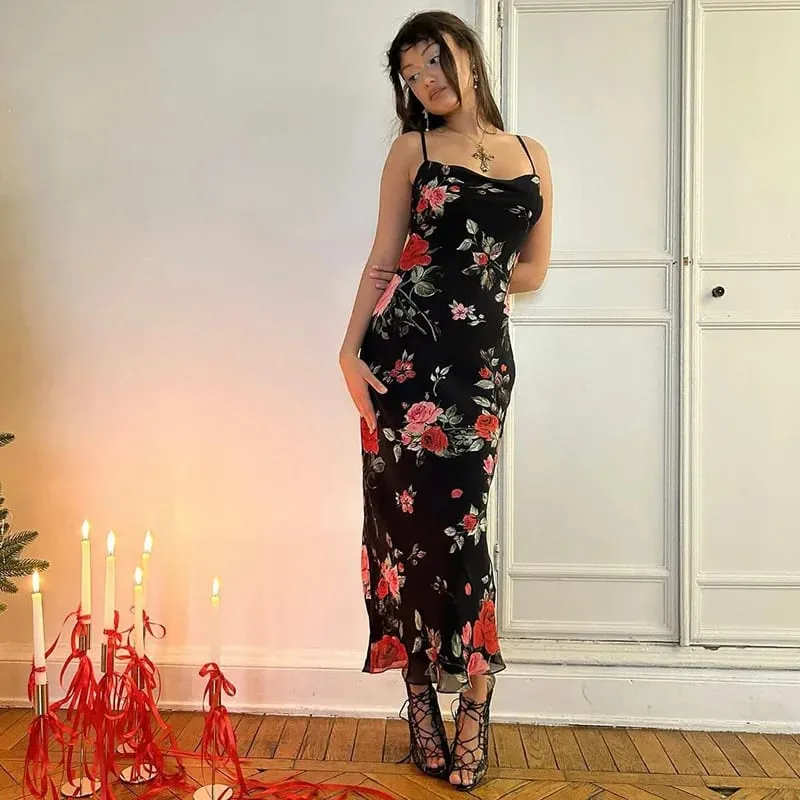 Kwiaty drukuj sukienki z paskiem Spaghetti kobiety pakiet temperamentu Hip obcisła długa sukienka moda seksowna Backless Lady Slim Vestidos — image 5