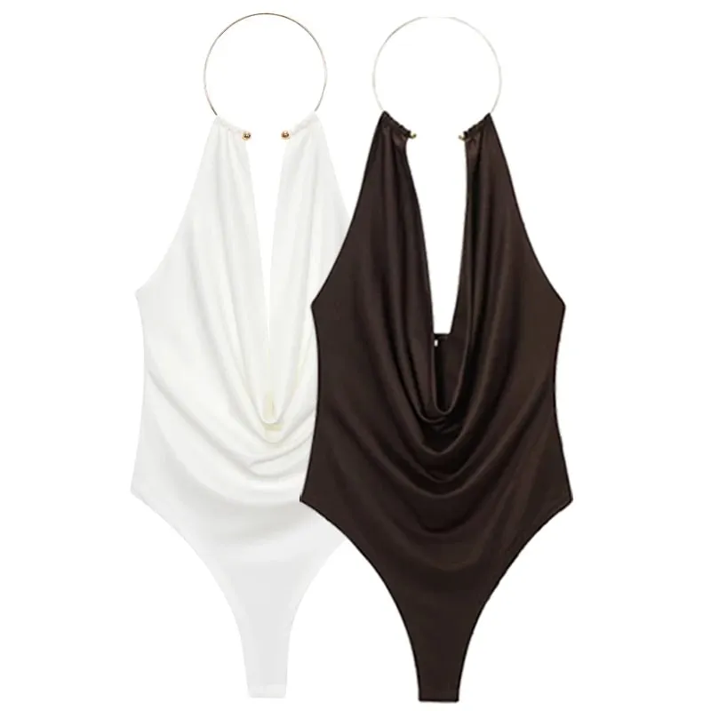 Brown Halter Bodysuit Women Summer Bodys For Sexy Women Off Shoulder Sleeveless Thong Bodysuit With Open Back Rave Bodysuit — image 3