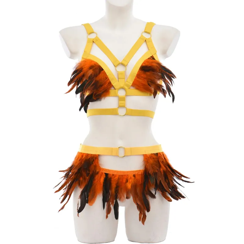 Gothic Elastik Body Harness Cage Bra Hollow Laraskan Set Pakaian Dalam Seksi Punk Halloween Feather Performance Pakaian Bondage Harness — image 8