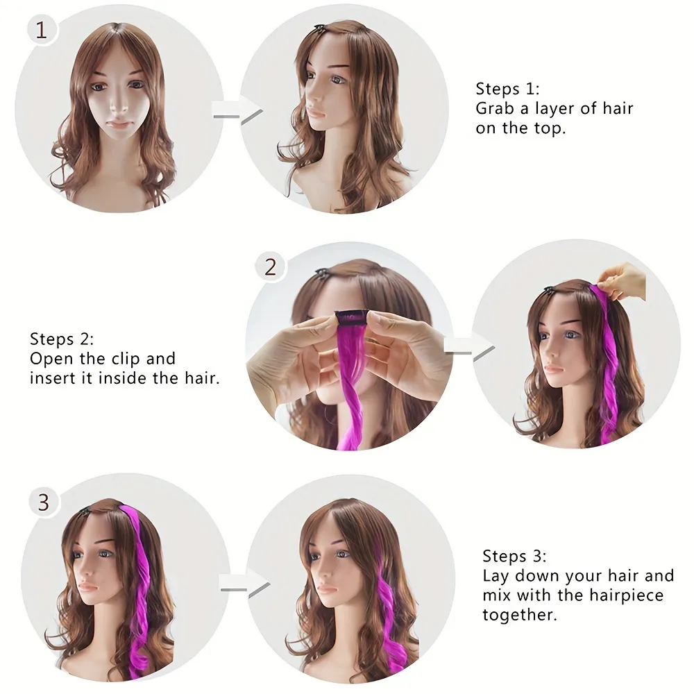 5 buah/set klip warna-warni dalam ekstensi rambut sintetis pelangi potongan rambut lurus panjang untuk wanita anak perempuan gaya Y2K pesta sehari-hari — image 5