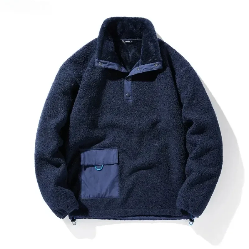 New Men's Sweatshirts Fashion Patchwork Pocket Fleece-lined Warm Pullover Tops Male Polar-fleece Loose Casual Hoodies Coats — image 5