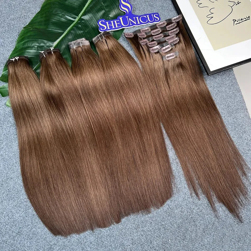 #2 اللون مستقيم بولي Clip Ins وصلات شعر 100% شعر بشري 100 جرام/مجموعة 7 قطعة سلس غير مرئي PU لحمة فيتنام الشعر للنساء — image 4
