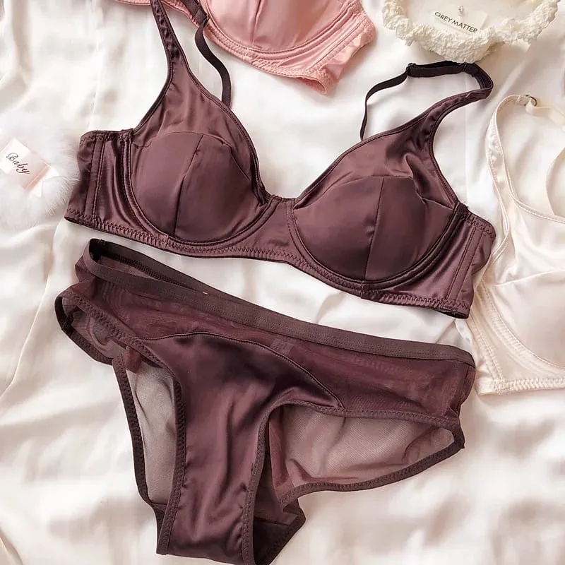 Ensemble de soutien-gorge Push Up en soie glacée pour femmes, sous-vêtement confortable, Sexy, petite poitrine, rembourrage détachable, bonnet fin, brassière, culotte intime — image 9