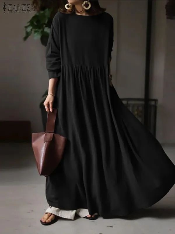 Autumn Women Sundress ZANZEA 2023 Vintage Solid Dresses Female Cotton Robe Casual Long Sleeve Pleated Maxi Vestidos Kaftan — image 7