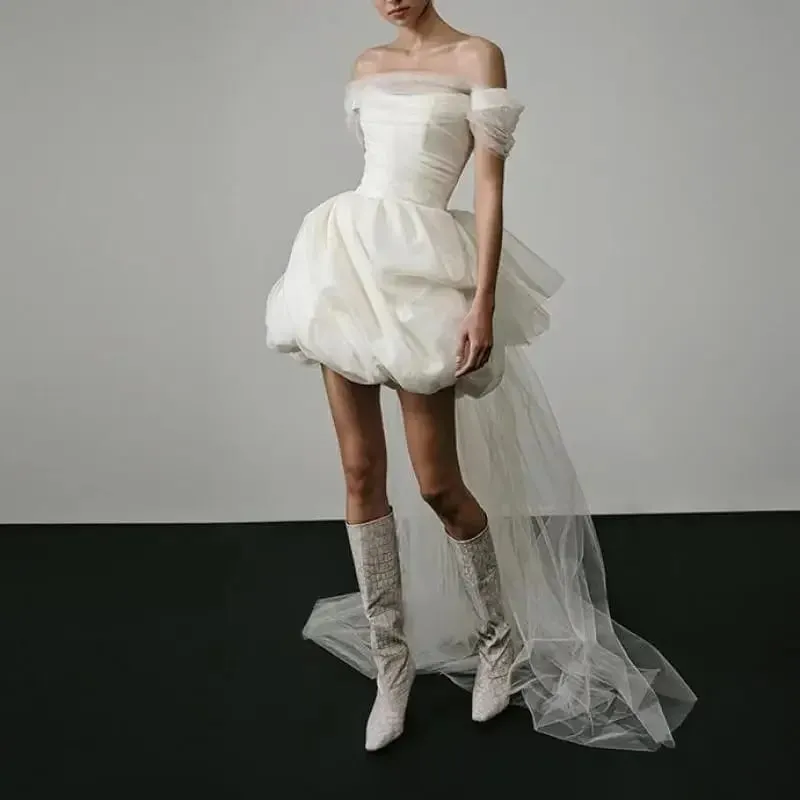 Nové elegantní lehké svatební šaty pro ženy Bílé sexy svatební minišaty se síťovinou na konci Svatební luxusní party vestidos — image 3