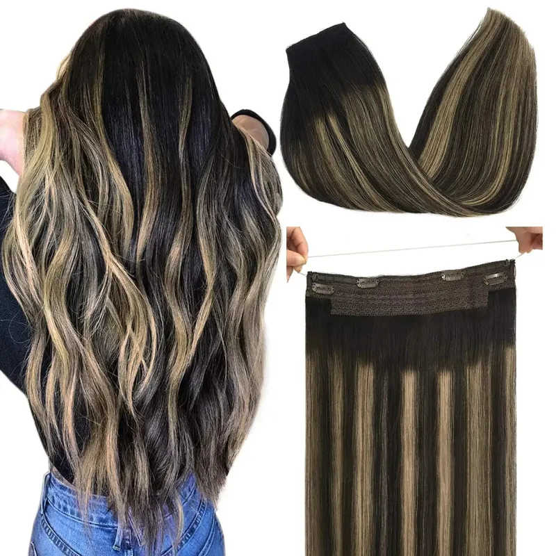 Sunmofavo Wire in Hair Extensions Real Human Hair Balayage Dark Brown to Chestnut Brown Invisible Fish Line Remy Blonde Weft