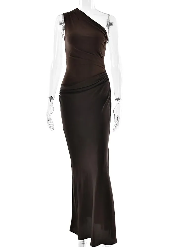 MO Patchwork Satin Sexy One Shoulder Women Maxi Dress Brown Sleeveless Evening Dress Summer Slim Elegant Party Clubwear — image 6