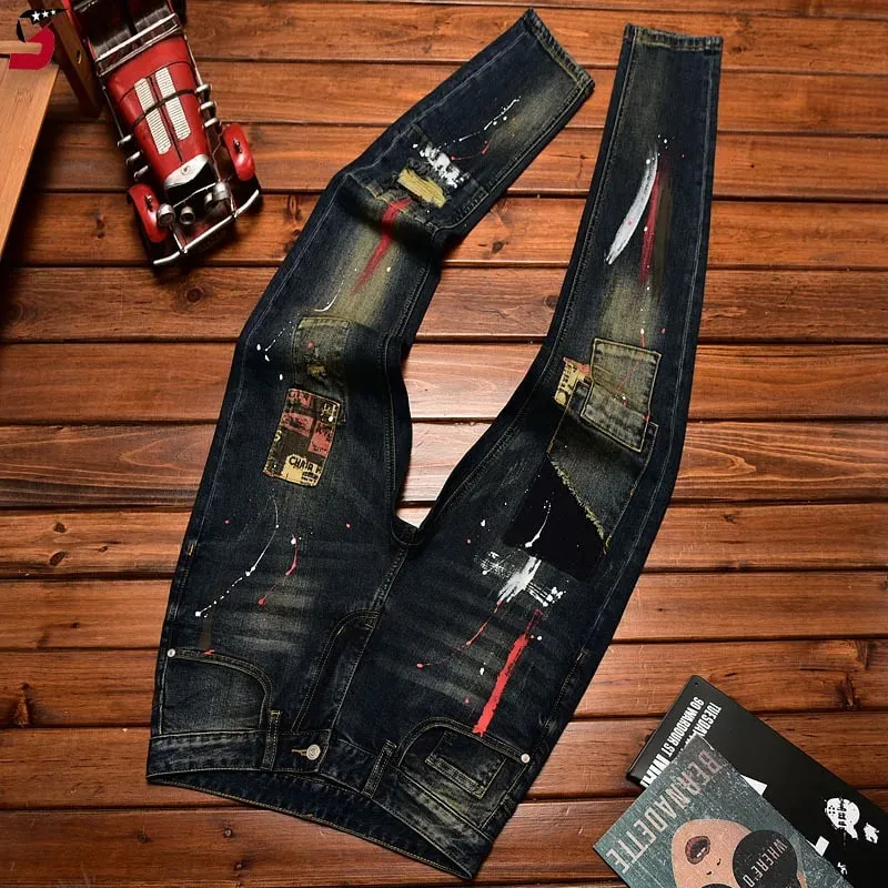 Jeans men's autumn and winter slim-fitting small straight elastic trend American patchwork retro denim nostalgic trousers — image 1