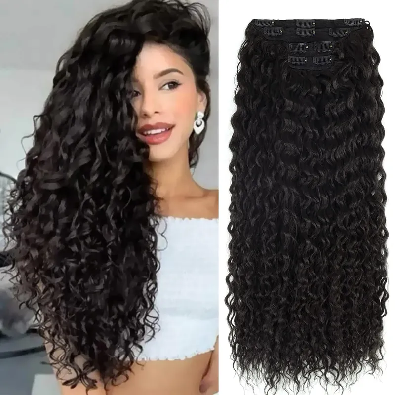 28'' Synthetic Kinky Curly Clip-in Hair Extensions Super Long Water Wave Clip In Hair 160grams 4 Pcs Full Head Hair Pieces