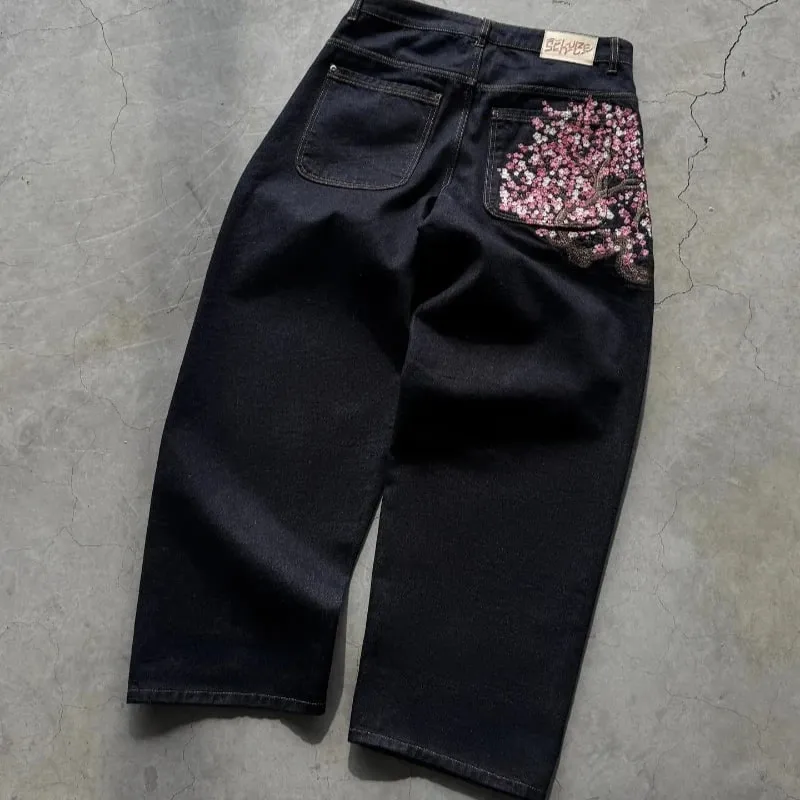Y2K Baggy Jeans Cherry Blossom Embroidery Denim Pants Men Women American Hiphop Streetwear Wide Leg Denim Trousers