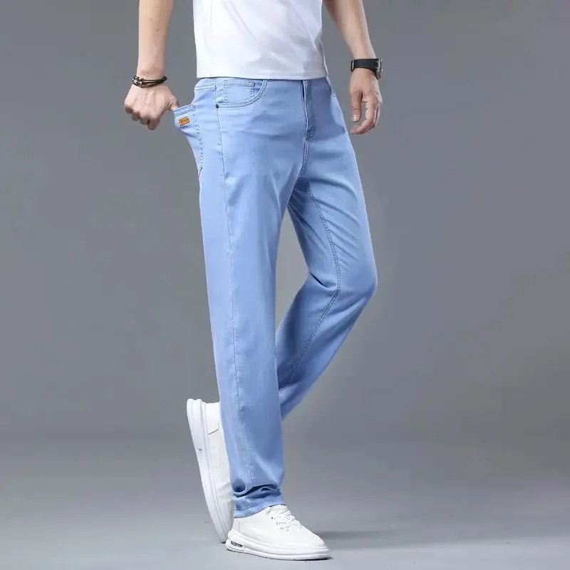 2025 Summer New Men's Sky Blue Slim Stretch Jeans Lyocell Thin Style Fashion Casual Ice Silk Denim Pants Male Brand Trousers — image 4