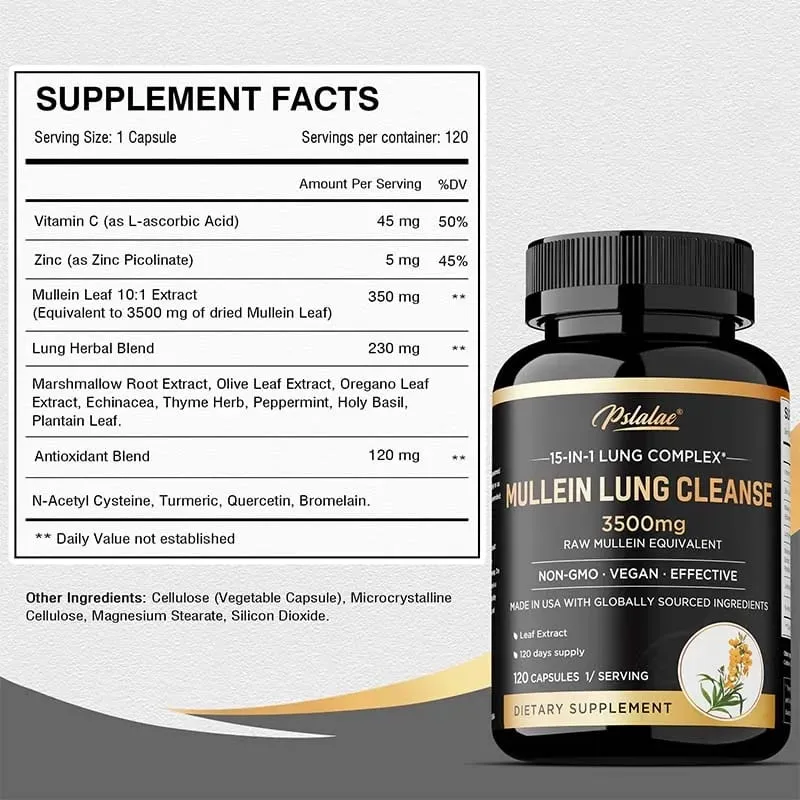 Mullein Longreiniging - Longzuivering Longgezondheid Immuniteit - Ademhalingssupplement voor rokers Vegetarische capsules — image 2