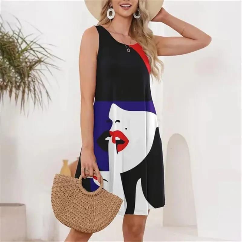 Face Pattern Women Fashion Mini Dresses Summer Sleeveless 3D Printing Street Ladies Dress 3XL Plus Size Casual Dress — image 5