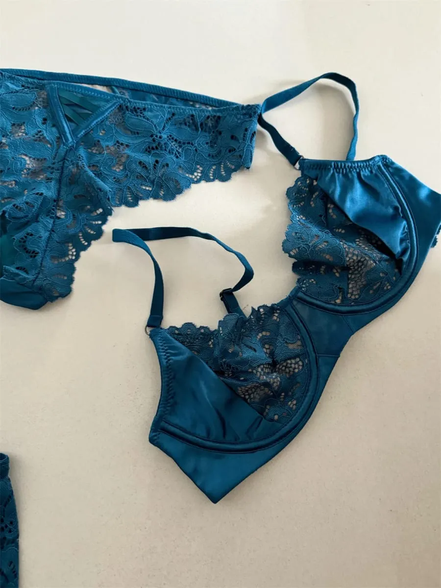 Satin three-piece thin section lingierie large breast underwear sexy lace bra breathable blue temperament underwear set — image 5