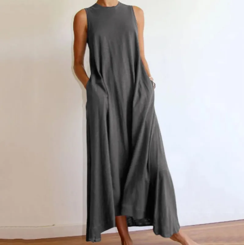 Women's Oversized T-Shirt Dresses Round Neck Sleeveless Beach Maxi Cover Up with Pockets Summer Vacation Long Beach Dress