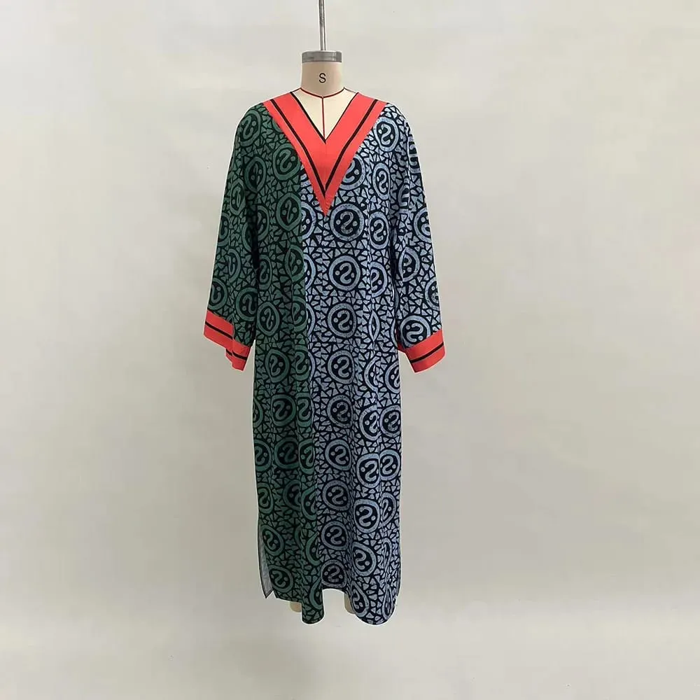 Elelgant V-Neck Simple Loose Dress Women 2025 Spring Summer Holiday Printing Patchwork Maxi Dress Casual