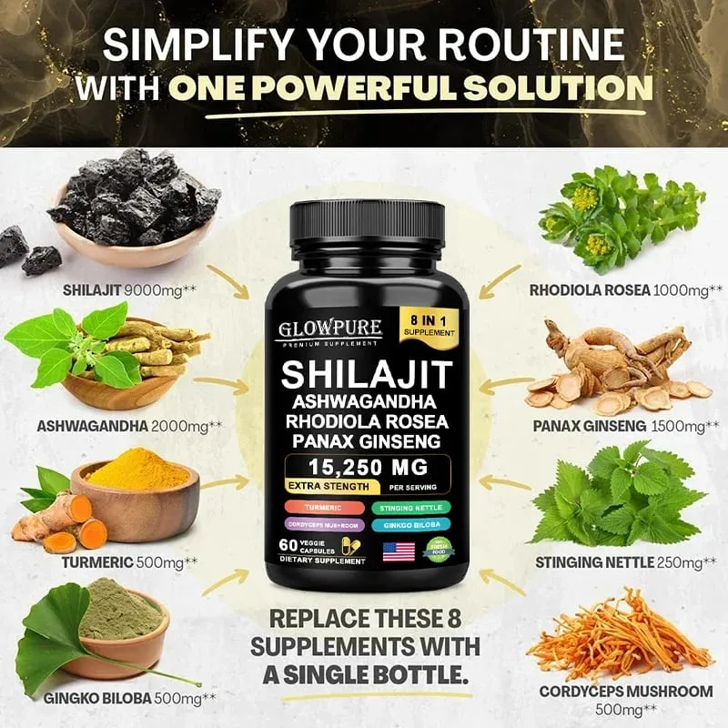 Shilajit Original Himalaya Supplements - 8 in 1 with Ginseng Ashwagandha for Brain Memory Concentration Energy Immune Health