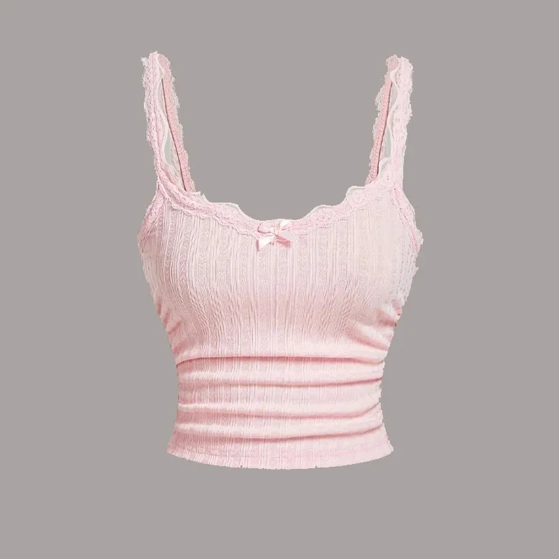 Women's Camisole Ribbed Lace Patchwork Crop Top Y2k E Girls Clothes Fairy Grunge Style Cropped Tees Cami Ribbed Knitted Tank Top
