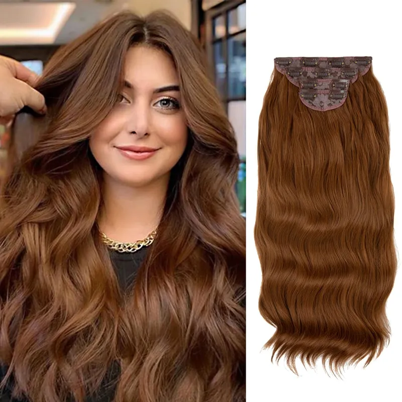 22" 4pcs/set Synthetic Clip In Hair Extensions Elegant Long Wavy Thick Hairpiece Daily Use Brown Blonde Natural Fake Hair — image 17