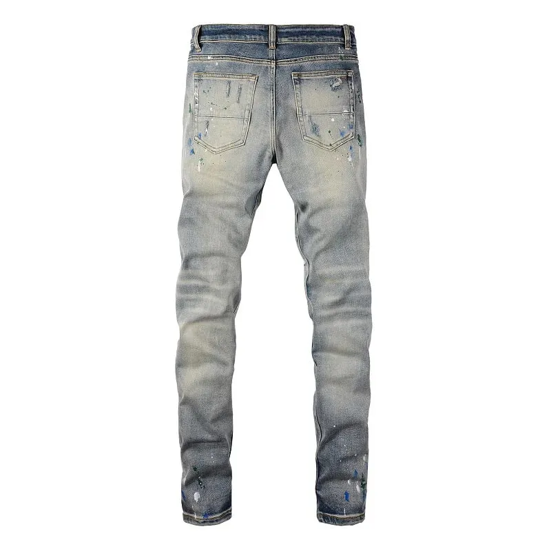 Men Painted Stretch Denim Biker Jeans Streetwear Cracked Patch Patchwork Holes Ripped Distressed Pants Skinny Tapered Trousers — image 2
