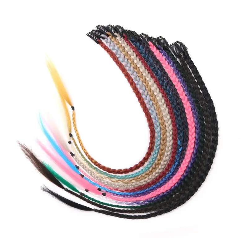 Synthetic 5 Pcs/Lot Clip-in Extensions For Women Ponytail Rainbow Braid Hair Extension 22 Inch Ombre Hairpiece Pink Black Green