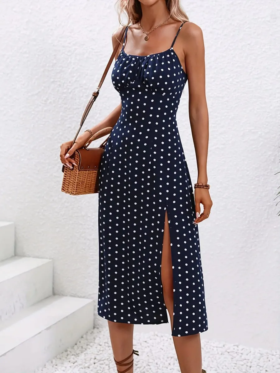 2024 Women Floral Print Spaghetti Straps Summer Boho Beach Dress Print Elegant Suspenders Square Neck Slit Dress Vestidos — image 3