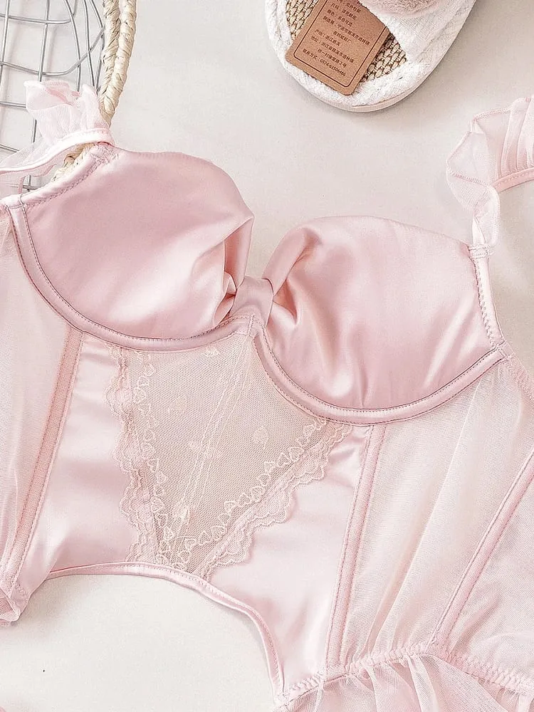 Pink With Chest Pad Fishbone Corset Lingerie Set Fixed Double Straps Midriff Women Bra with Underpants Suit — image 4
