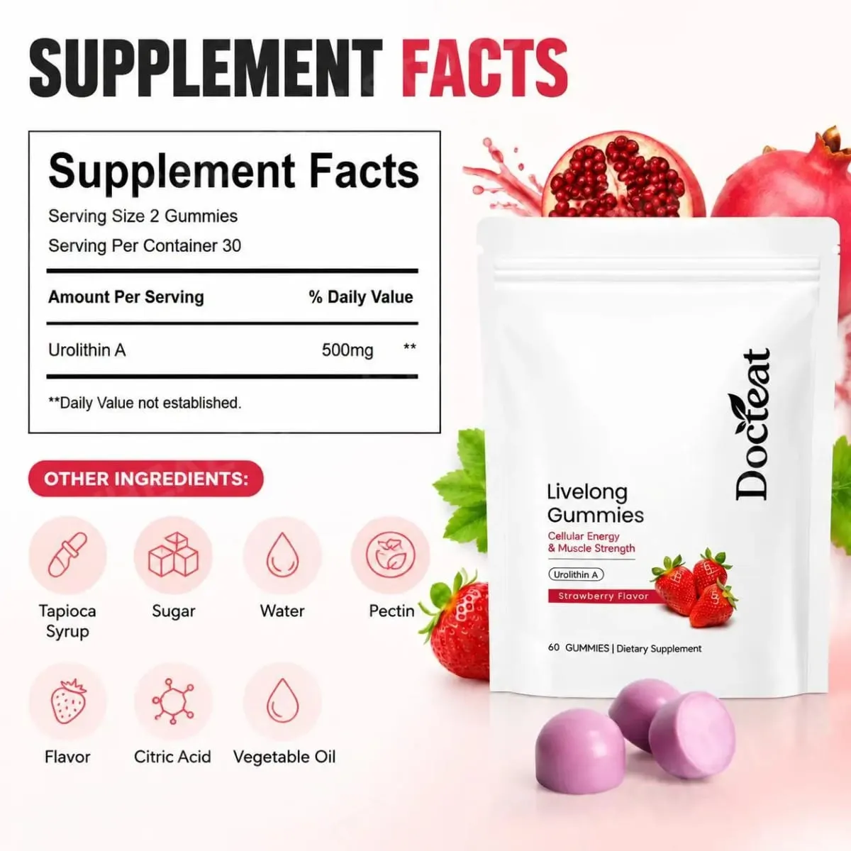 Docteat Urolithin A Gummies 500mg per porzione Gusto Fragola Supporto quotidiano per il benessere cellulare 60 caramelle gommose per uomini donne — image 2