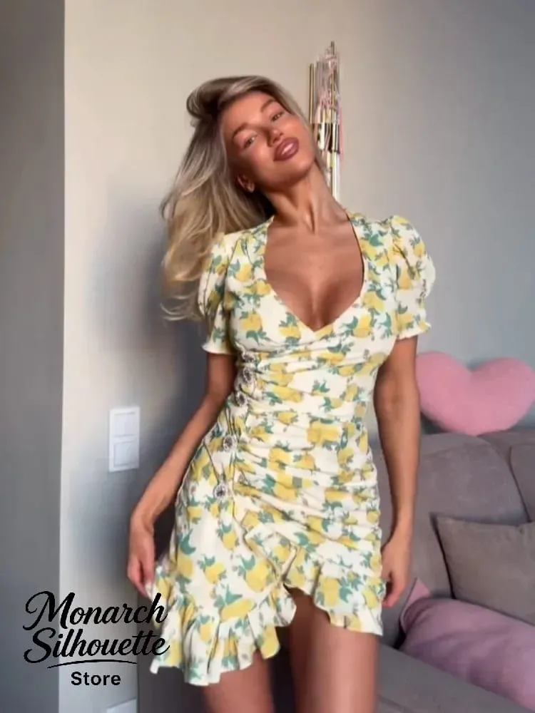 Chic Ruffle Print Slim Short Dress Women Chic Patchwork Flared sleeves V-neck Pleated Dresses 2026 Lady Summer Casual Vestidos — image 1