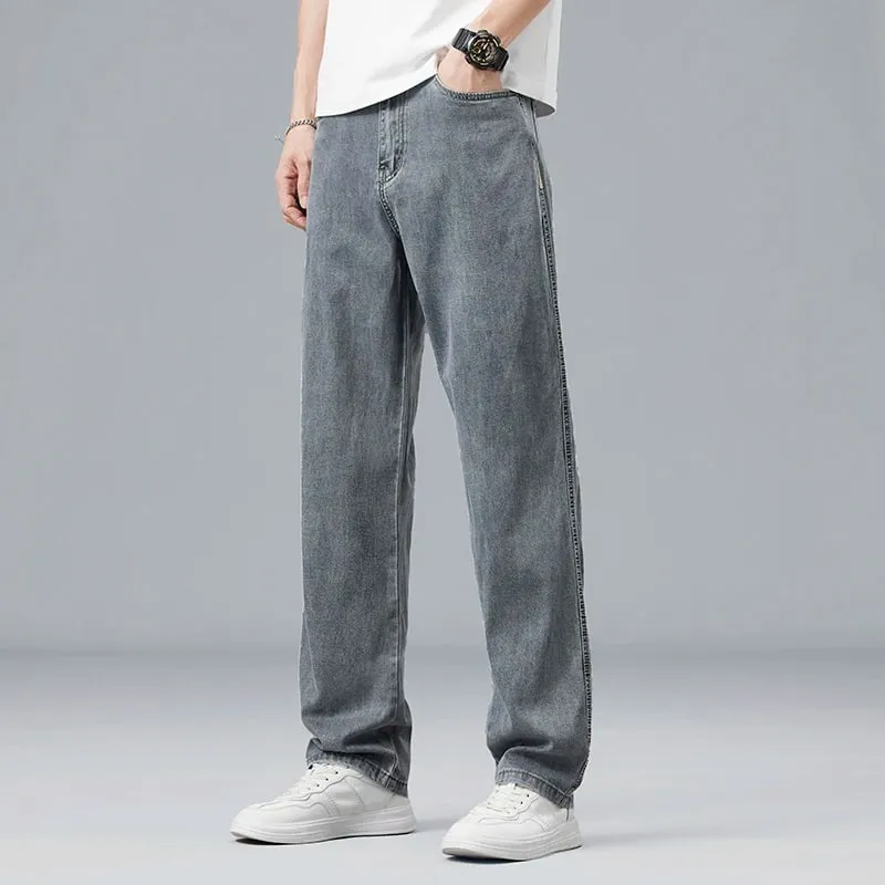 Summer Ultra-thin Lyocell Men's Jeans Drape Soft Fabric Loose Straight Casual Denim Pants Elastic Ice Silk Male Trousers — image 3