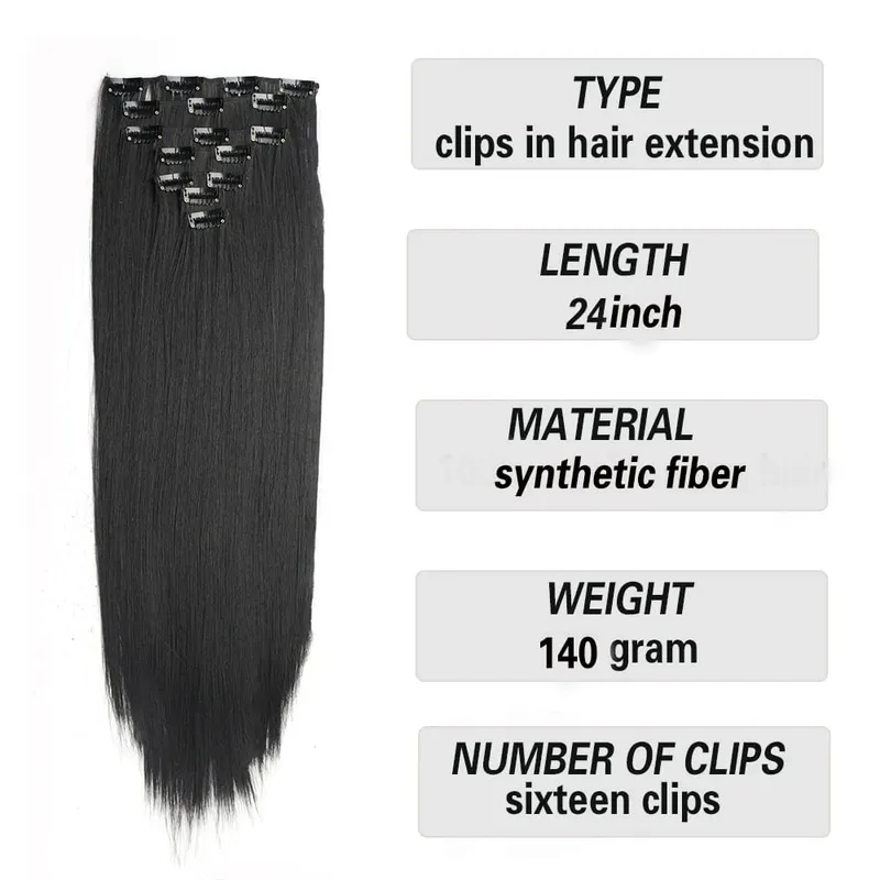 Long Straight Synthetic 16 Clips In Hair Extensions 7Pcs/Set High Temperature Fiber Black Brown Blonde Hairpiece For Women — image 3