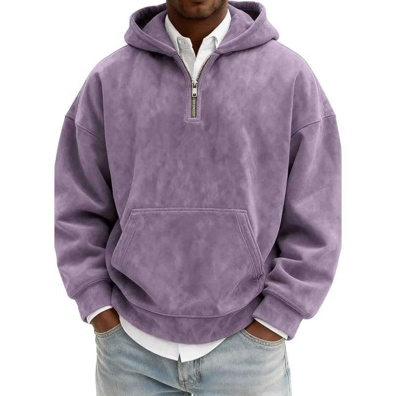 Amerika Fashion Baru Pria Warna Solid Setengah Ritsleting Lengan Panjang Kasual Trendi Harian Berkerudung Kaus Pria Hoodies Pakaian Atasan — image 5