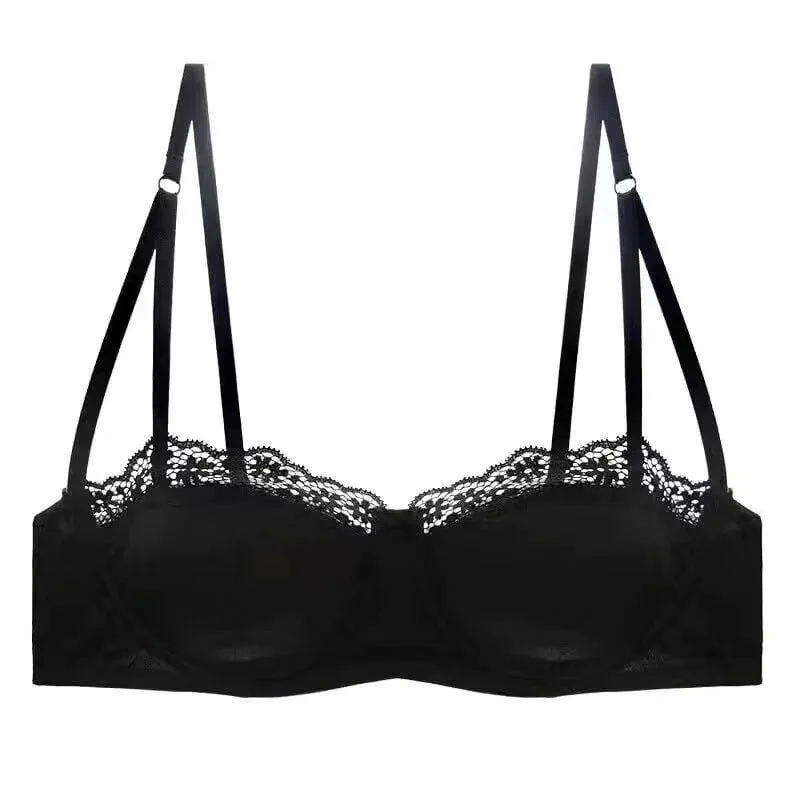 Europäisch-amerikanisches sexy Satin-Halbschalen-Unterwäscheset mit bequemer oberer Stützung, dünn, mit glänzendem Stahlring und grünem Spitzenrand — image 4