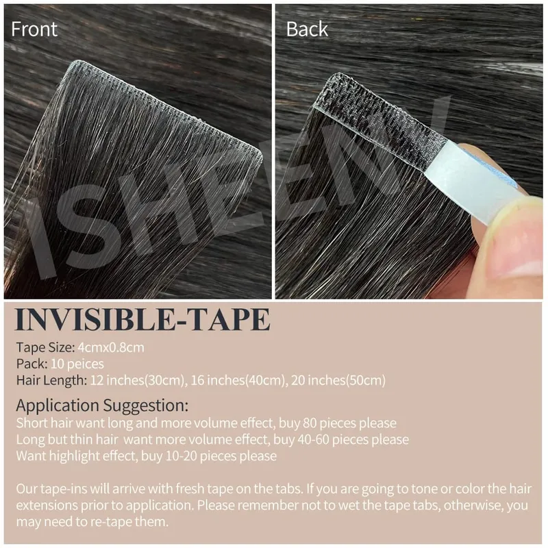 Isheeny Invisible Tape In Hair Extensions 12" 16" 20" Skin Weft Tape Ins 10ks Natural Straight Machine Made Remy Human Hair