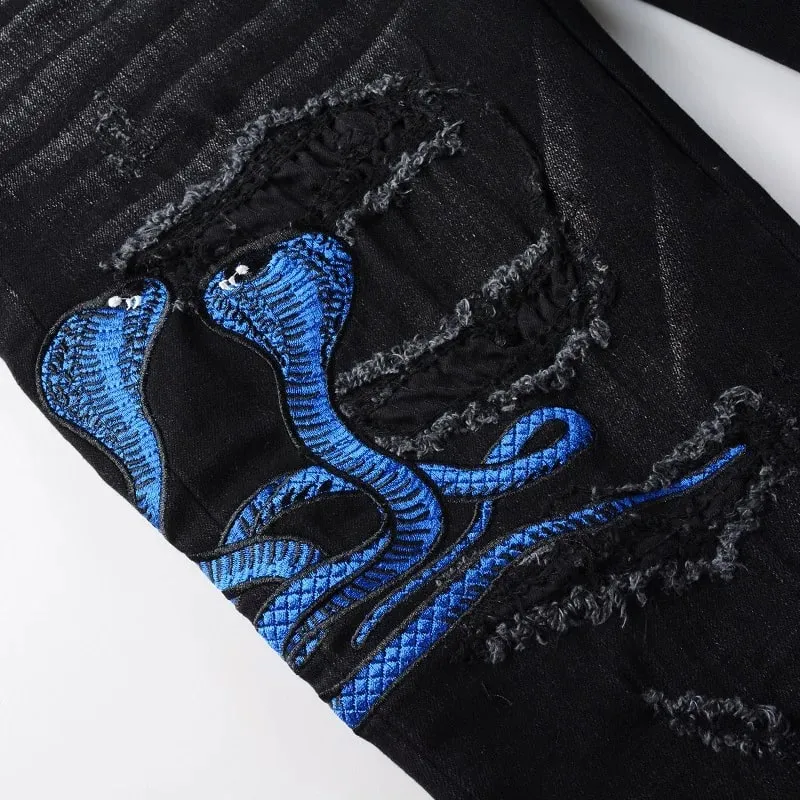 Men Snake Embroidery Jeans Streetwear Leather Patch Stretch Denim Skinny Pants Holes Ripped Distreesed Pencil Trousers — image 3