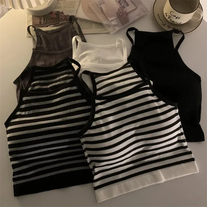 Women Spaghetti Strap Striped Tank Top Sleeveless Backless Summer Y2K Going Out Ribbed Cami Crop Tops — image 9
