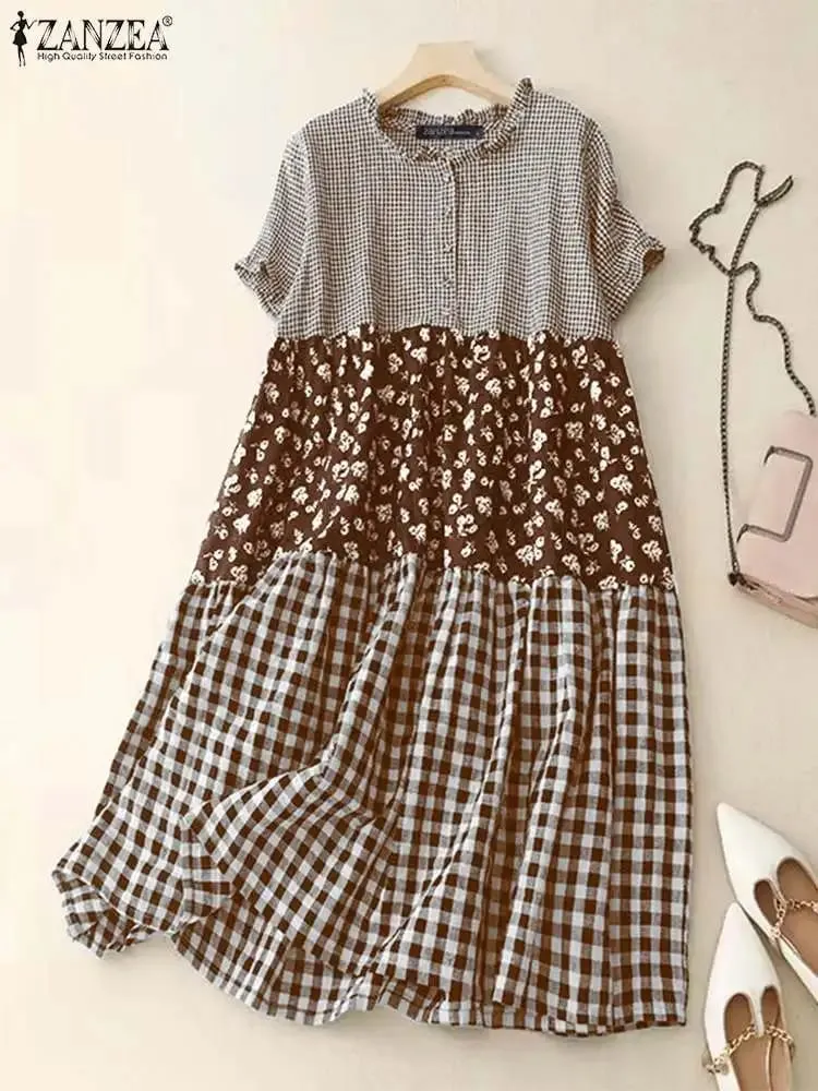 Women Plaid Long Dress 2024 Summer Holiday Pleating Stitching Shirt Dress Casual Loose Short Sleeve Robe Fashion Sundress — image 2