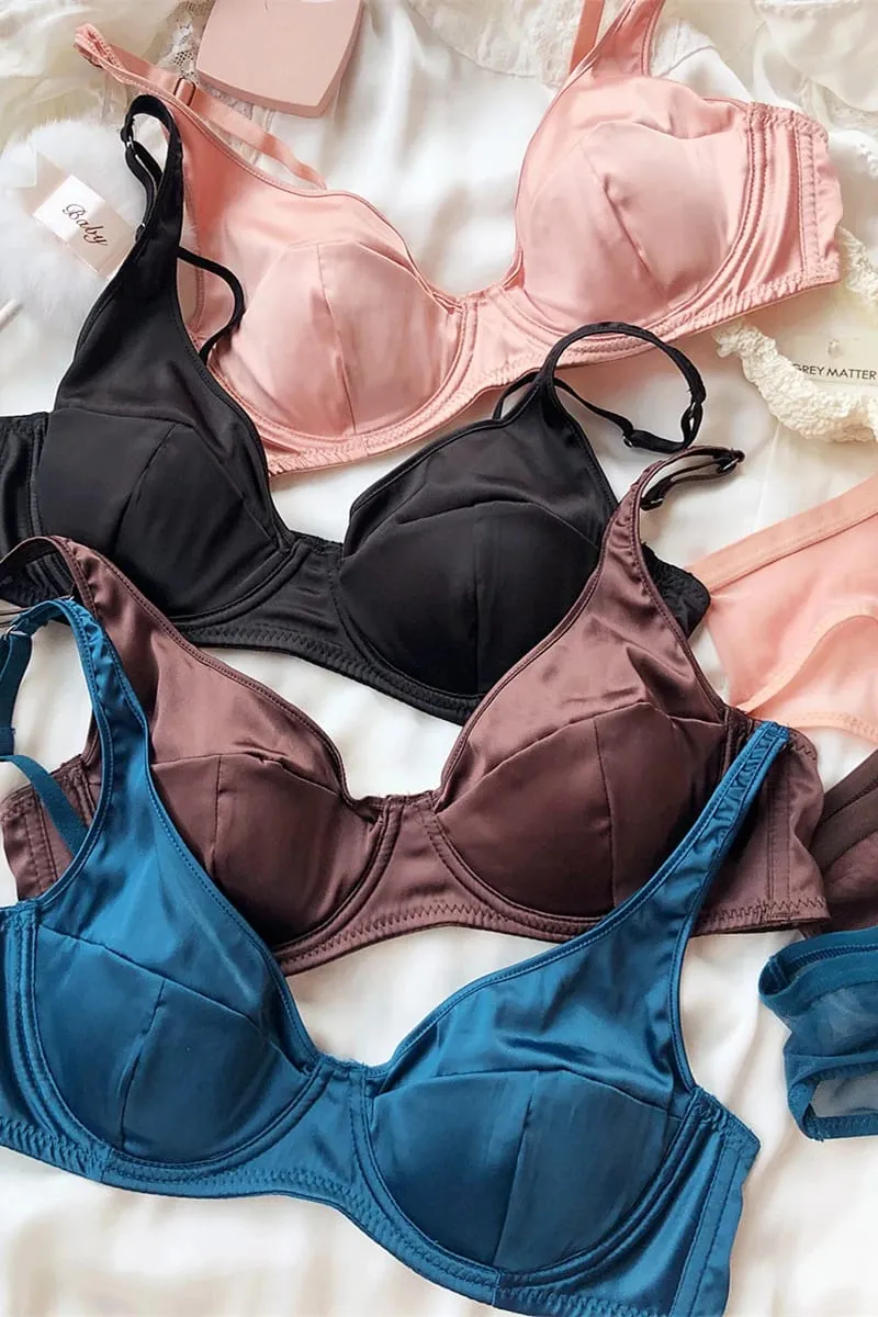 Ensemble de soutien-gorge Push Up en soie glacée pour femmes, sous-vêtement confortable, Sexy, petite poitrine, rembourrage détachable, bonnet fin, brassière, culotte intime — image 4