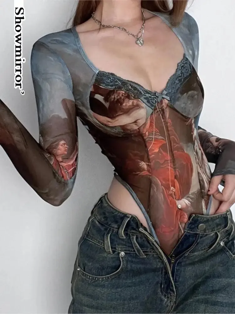 Sexy Gothic Printed Bodysuits Female Summer Clothings Y2K Bodysuit Tops for Women Fairycore Bodis Mujer Party Clubwear