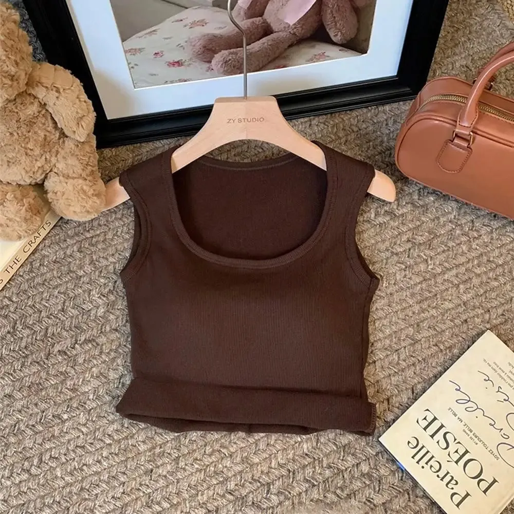 Women Solid Color O Neck Ribbed Tank Top Wide shoulder Strap Camisole 2025 Summer autumn Basic Camisole Elastic Tank Tops — image 12
